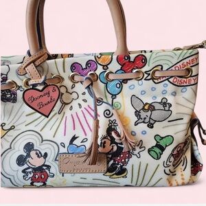 Dooney & Bourke Cream Multi Disney Canvas Tote with Tan Leather Handles